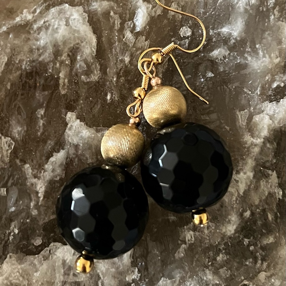 Classic Chic Earrings Black Agate and Vintage Italian Gold Filled Brushed Beads